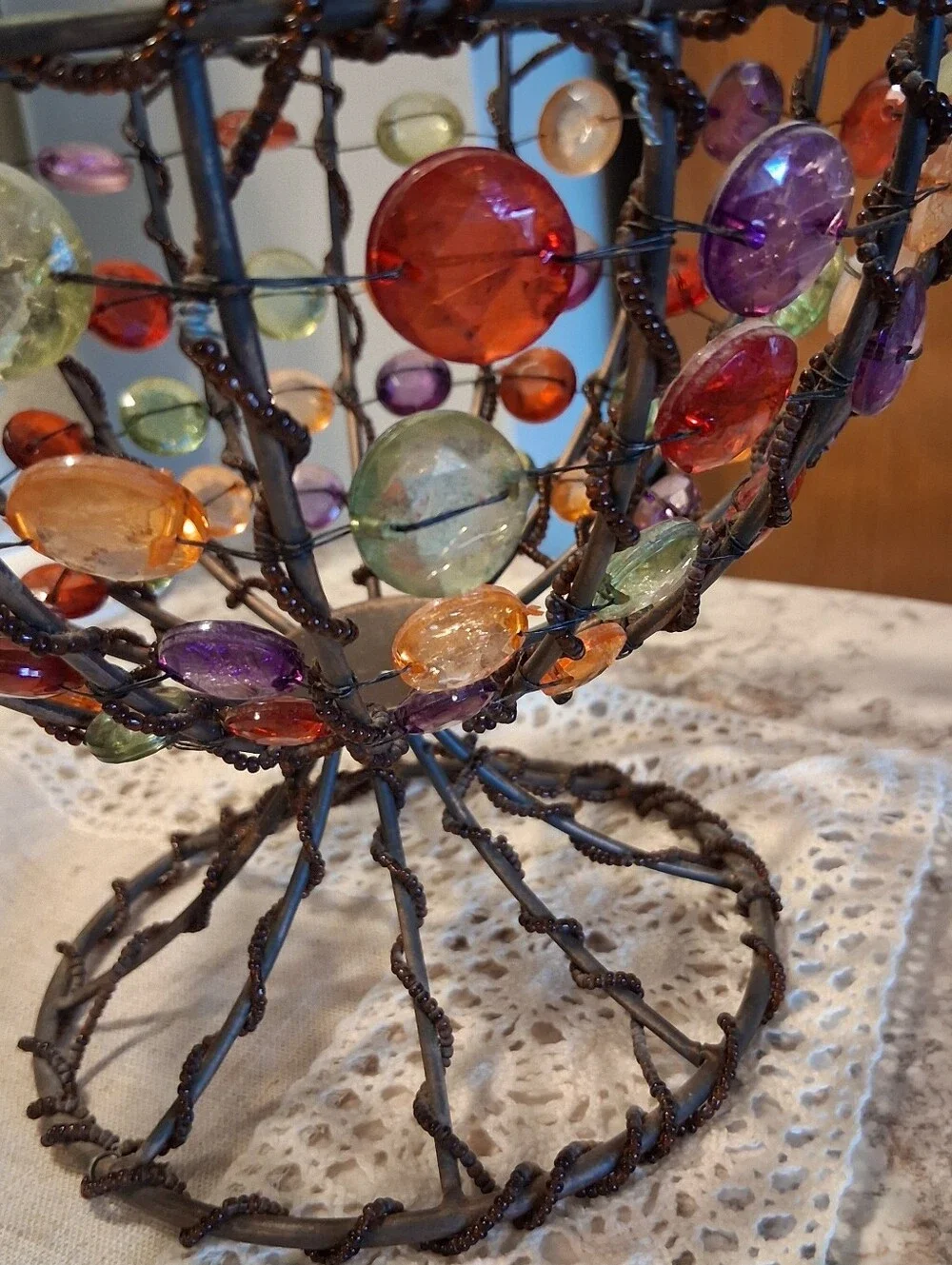 Vintage Beaded Wire & Metal Footed Bowl Basket Handmade Pop Art Retro Decor 8